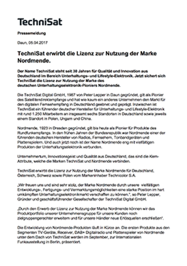 TechniSat erwirbt die Lizenz zur Nutzung der Marke Nordmende